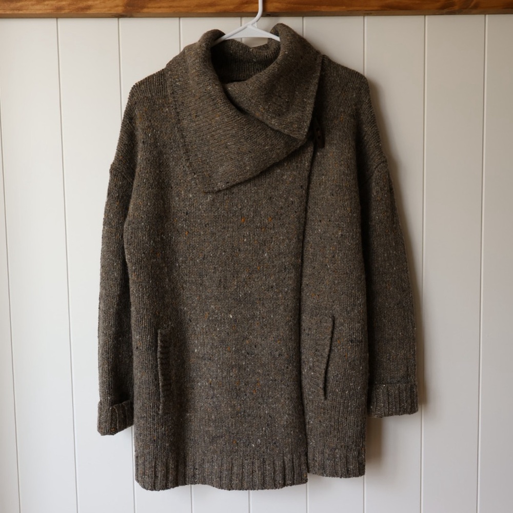 Wool Blend Speckled Knit Sweater Cowl Neck Wrap Brown